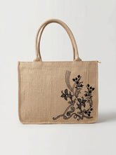 Beige jute tote bag with black botanical embroidery and gold zip embroidered canvas tote bag for women online Pakistan by WestStyle