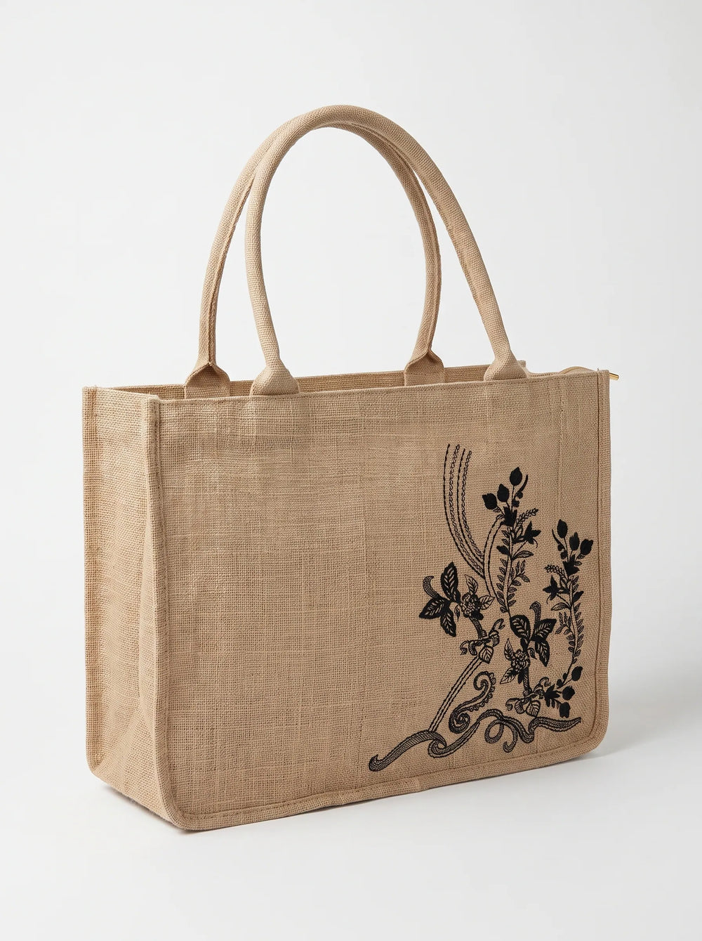 WestStyle beige jute embroidered tote bag three-quarter view showing structured gussets and rolled handles canvas tote bag Pakistan