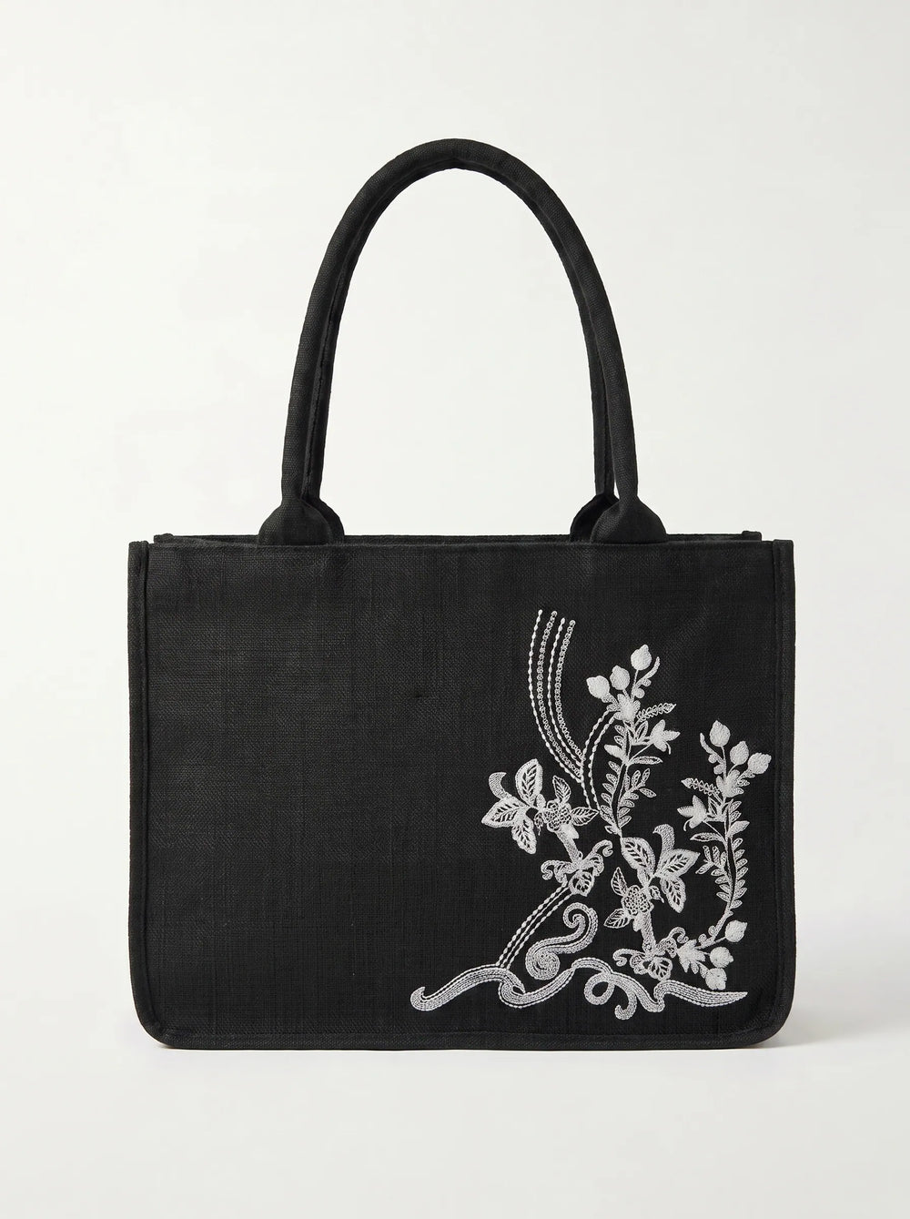 Black jute tote bag with white botanical embroidery and gold zip embroidered canvas tote bag for women online Pakistan by WestStyle