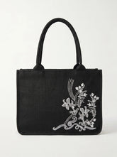 Black jute tote bag with white botanical embroidery and gold zip embroidered canvas tote bag for women online Pakistan by WestStyle