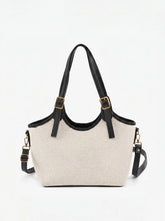 Beige canvas bucket tote bag with black leather trim, gold buckles and detachable long strap canvas bag for women online Pakistan by WestStyle