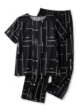 Black and white patterned pajama set on a white background