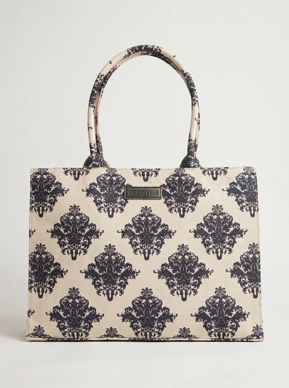Beige canvas tote bag with large navy damask medallion print and WestStyle patch — printed canvas tote bag online Pakistan