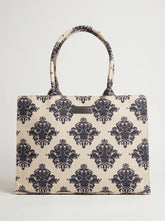 Beige canvas tote bag with large navy damask medallion print and WestStyle patch — printed canvas tote bag online Pakistan