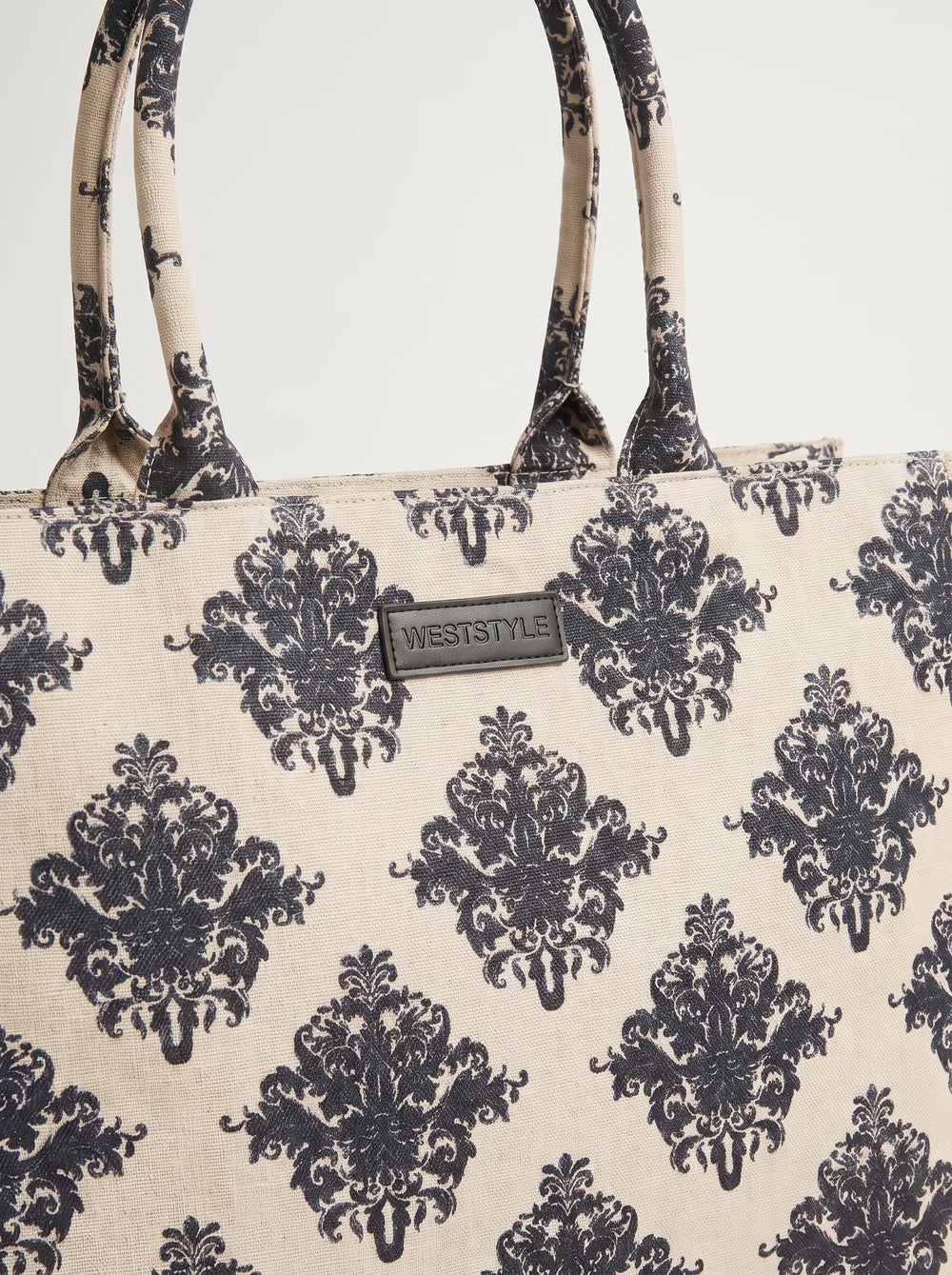 Close-up of navy Baroque damask medallion print on cream canvas tote bag — printed fabric bag for women WestStyle Pakistan