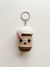 Cute handmade crochet keychain shaped like a coffee cup - kawaii bag charm clipped on tote bag