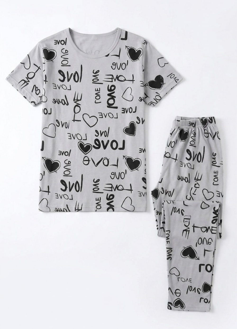 Gray pajama set with 'love' and heart patterns on a white background