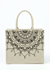 Beige women tote bag with black mandala design on a white background