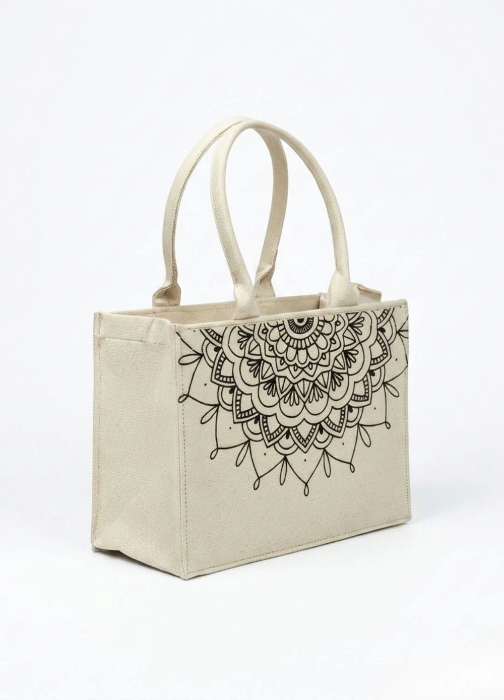 Women Beige tote bag with black mandala design on a white background