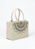 Women Beige tote bag with black mandala design on a white background