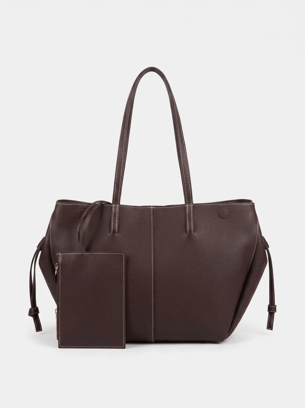 Dark brown drawstring cinch tote bag with contrast white stitching and matching zip pouch ladies tote bag online Pakistan by WestStyle