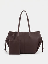 Dark brown drawstring cinch tote bag with contrast white stitching and matching zip pouch ladies tote bag online Pakistan by WestStyle