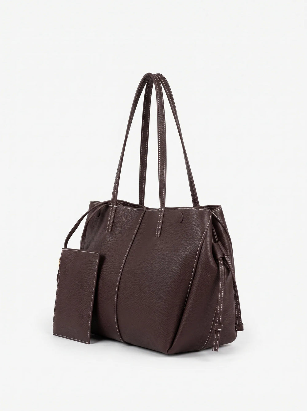 Matching dark brown zip pouch with white contrast stitching included with WestStyle drawstring tote bag women bag set Pakistan