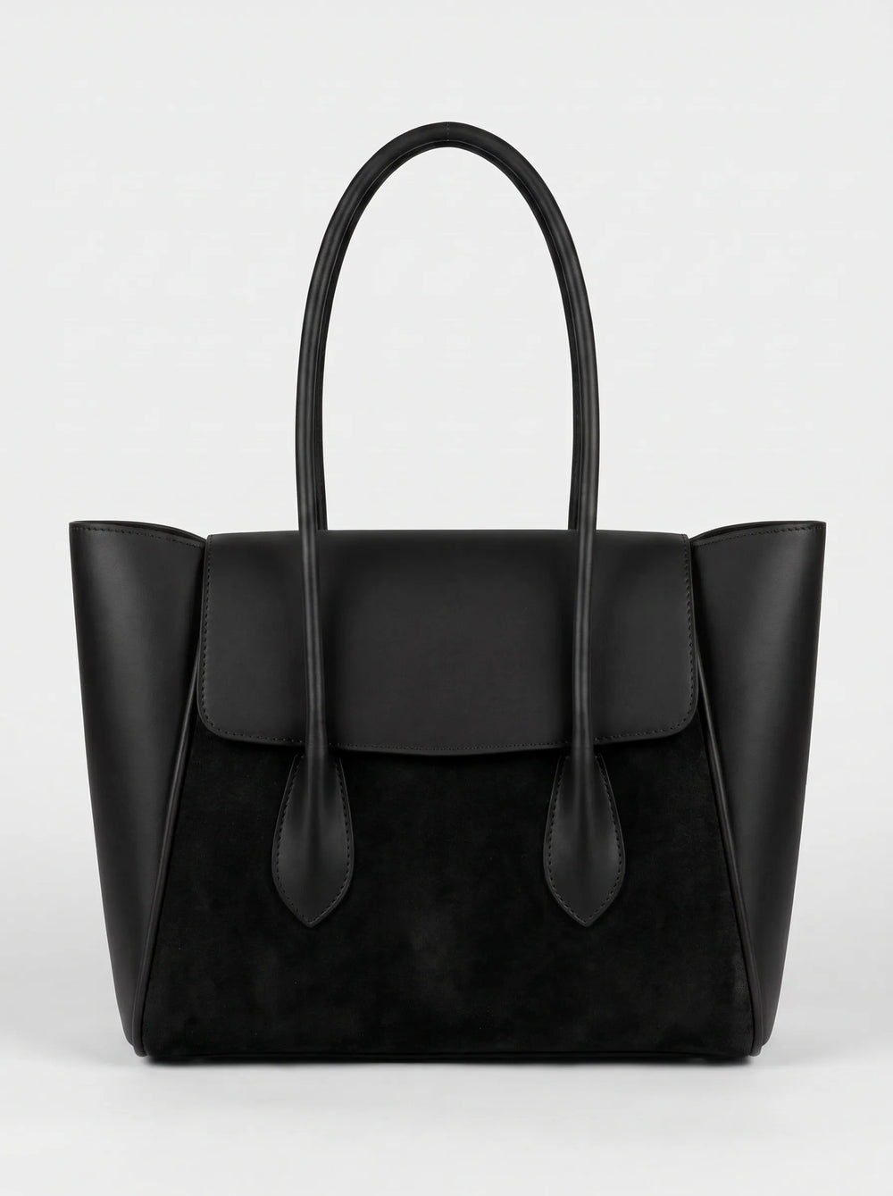 Pyraflip black dual-texture tote handbag with suede front panel and magnetic flap ladies handbag online Pakistan by WestStyle