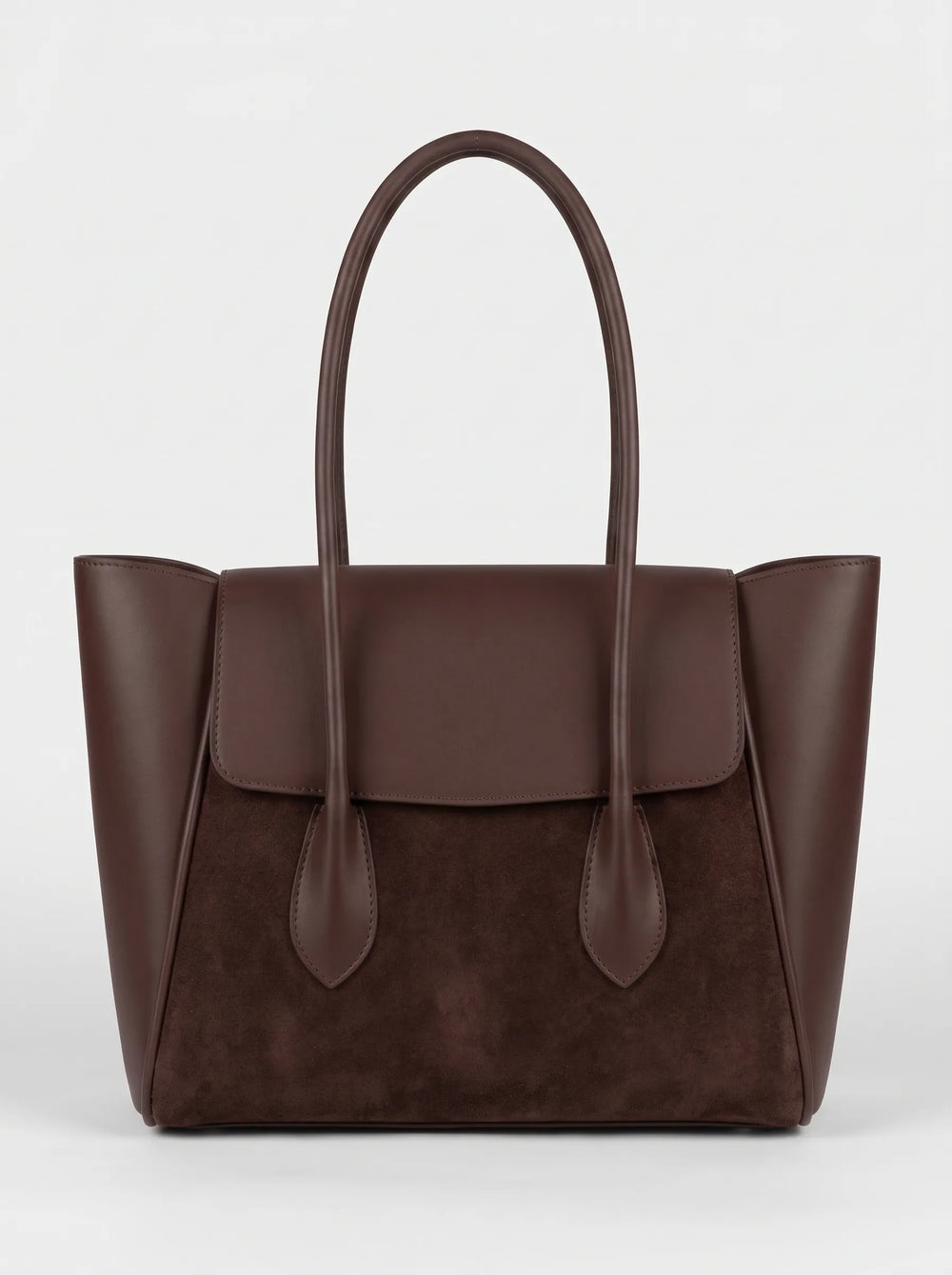 Pyraflip brown dual-texture tote handbag with suede panel, smooth leather wings and magnetic flap designer tote bag for women Pakistan by WestStyle