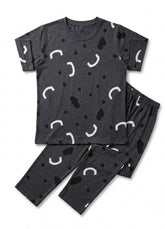 Black pajama set with white abstract patterns on a white background