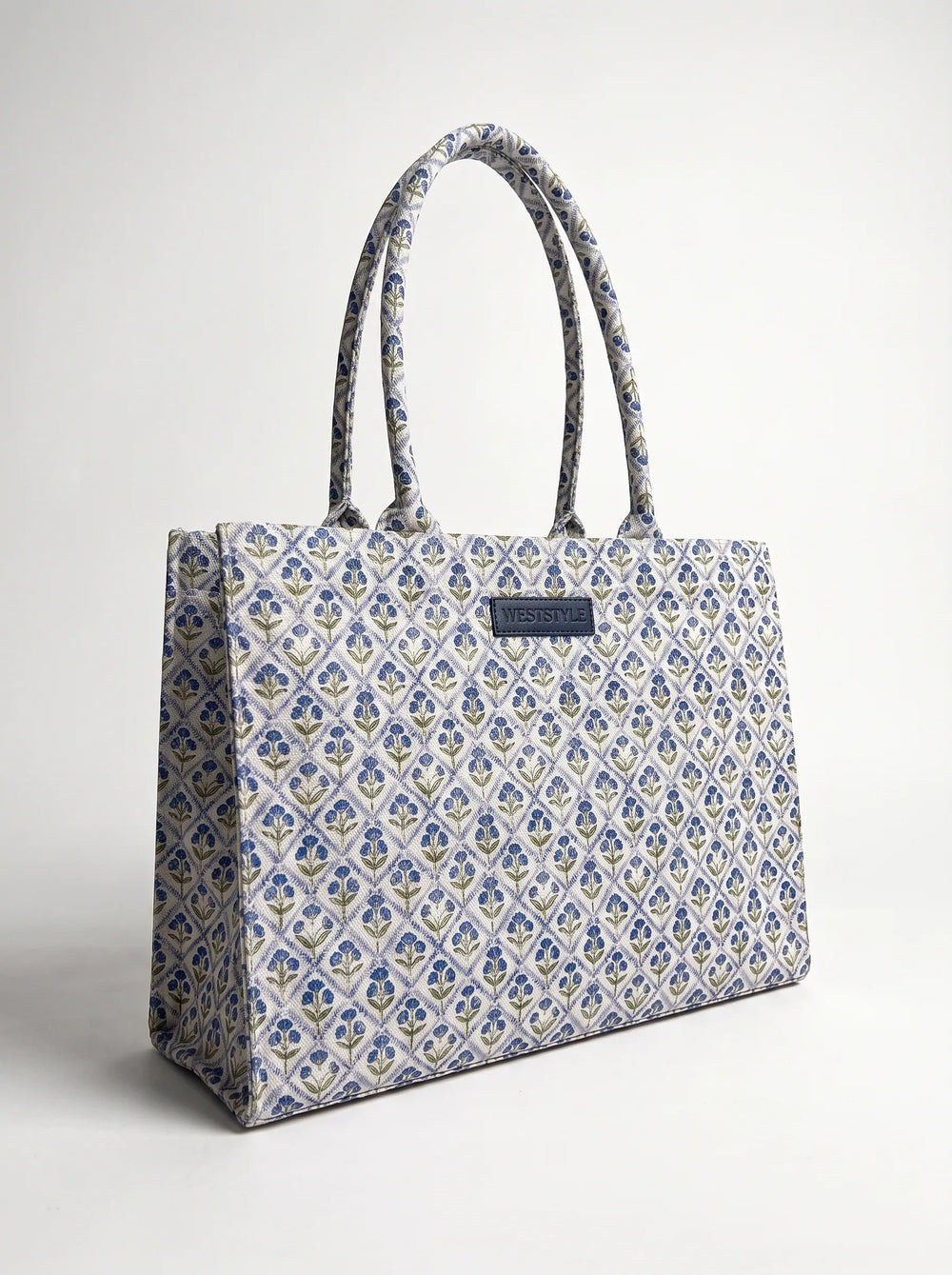 WestStyle Durable Walk blue canvas tote bag front view showing cornflower floral lattice print printed canvas tote bags Pakistan