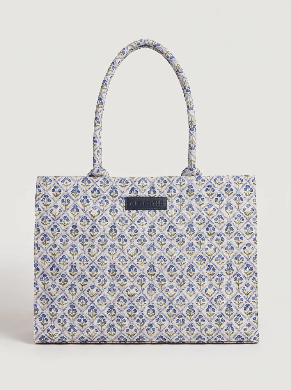 Durable Walk blue floral lattice printed canvas tote bag for women with WestStyle patch buy canvas tote bag online Pakistan