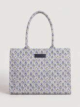 Durable Walk blue floral lattice printed canvas tote bag for women with WestStyle patch buy canvas tote bag online Pakistan