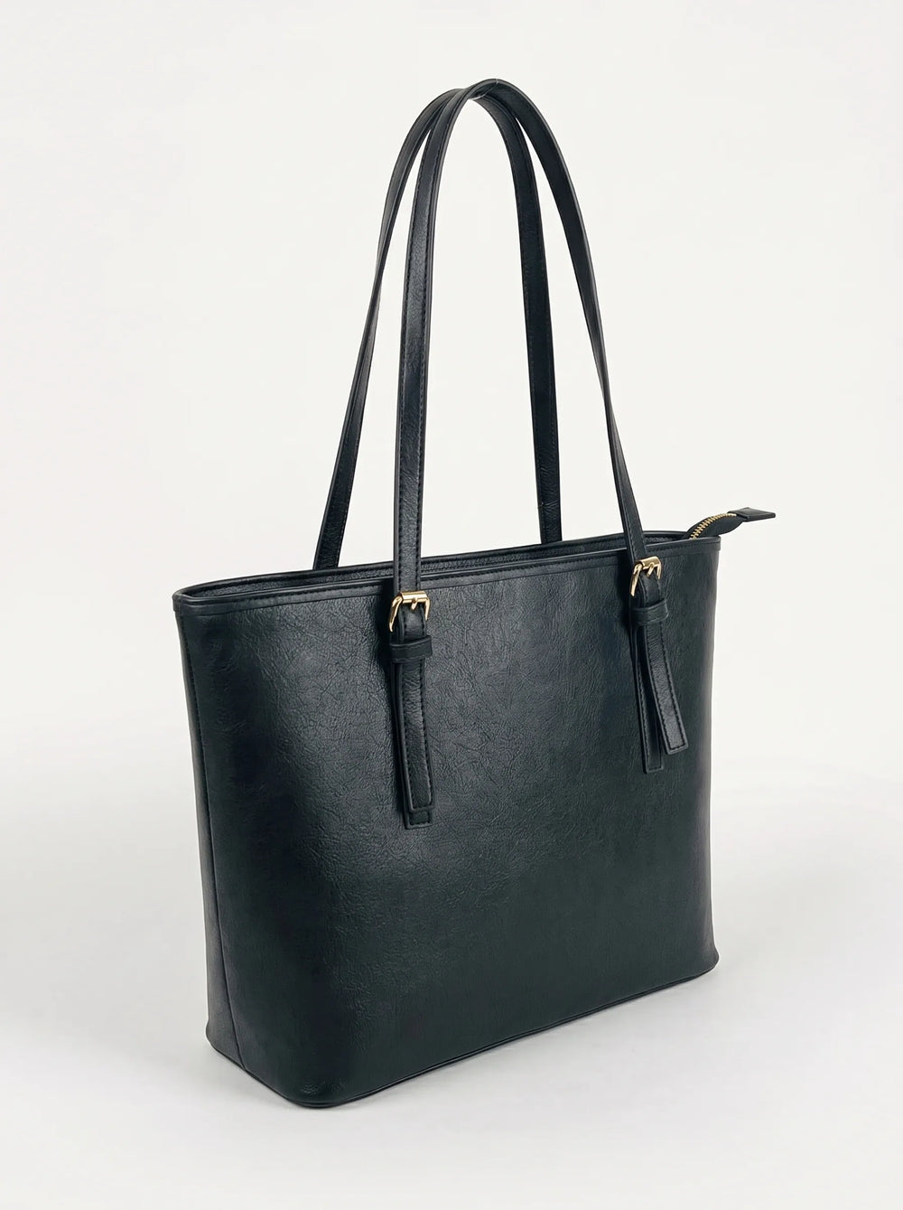 WestStyle Buckle Tote black three-quarter view showing stable flat base and wide structured silhouette women handbags Pakistan