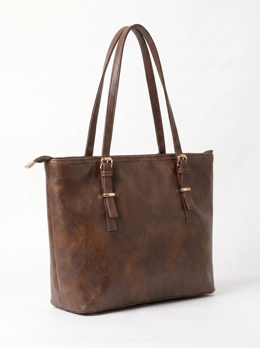 WestStyle Buckle Tote brown three-quarter view showing stable base and distressed leather finish office women bags Pakistan