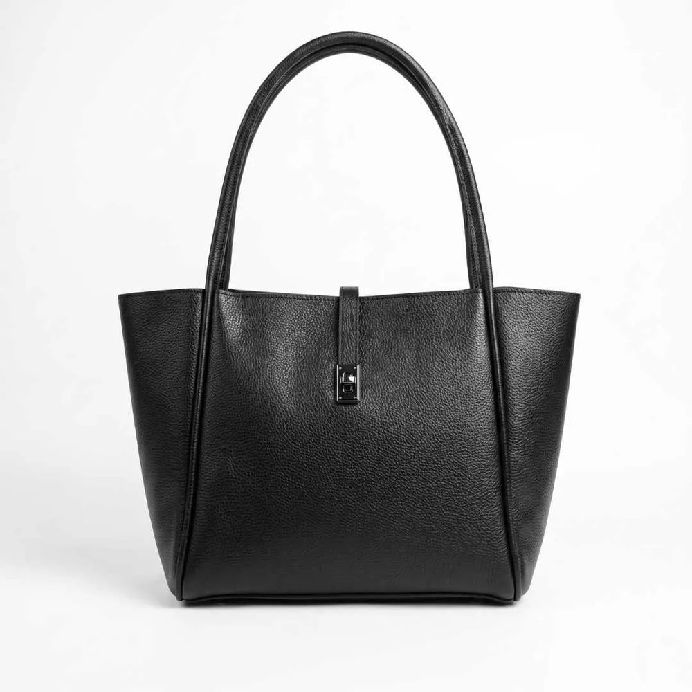 WestStyle Joblet black tote bag front view showing centred turnlock closure and winged silhouette — large ladies handbag Pakistan