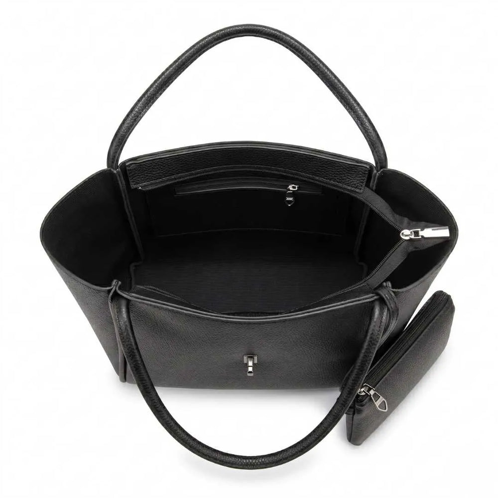 Interior of WestStyle Joblet black tote bag showing inside zip pocket 4x7.5 inches — large PU leather tote set Pakistan