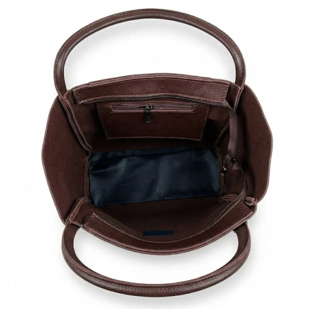 WestStyle Joblet brown leather tote bag front view showing winged silhouette and gunmetal turnlock large ladies tote bag Pakistan
