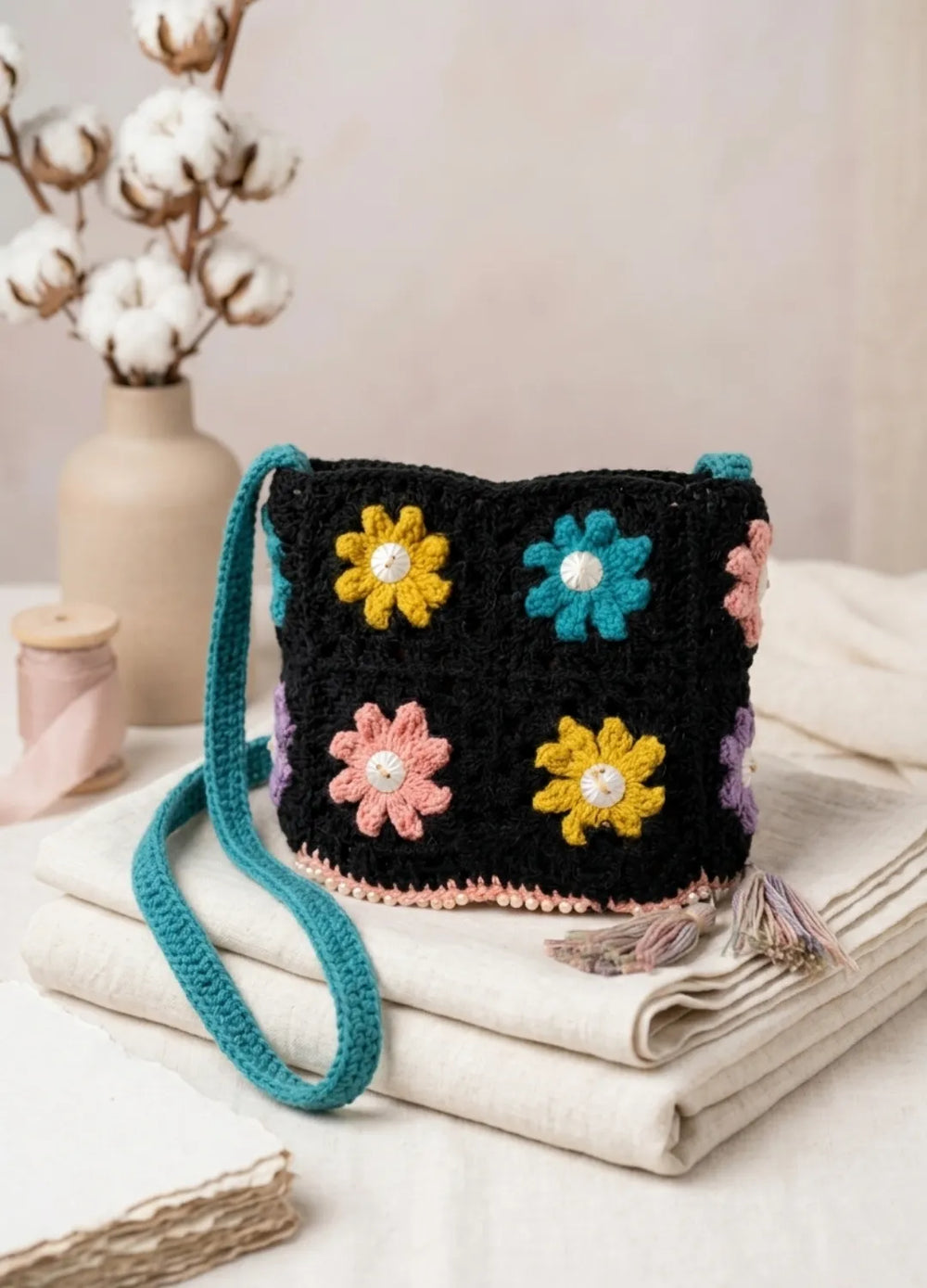 Crocheted bag with colorful flower patterns on a stack of books with a neutral background