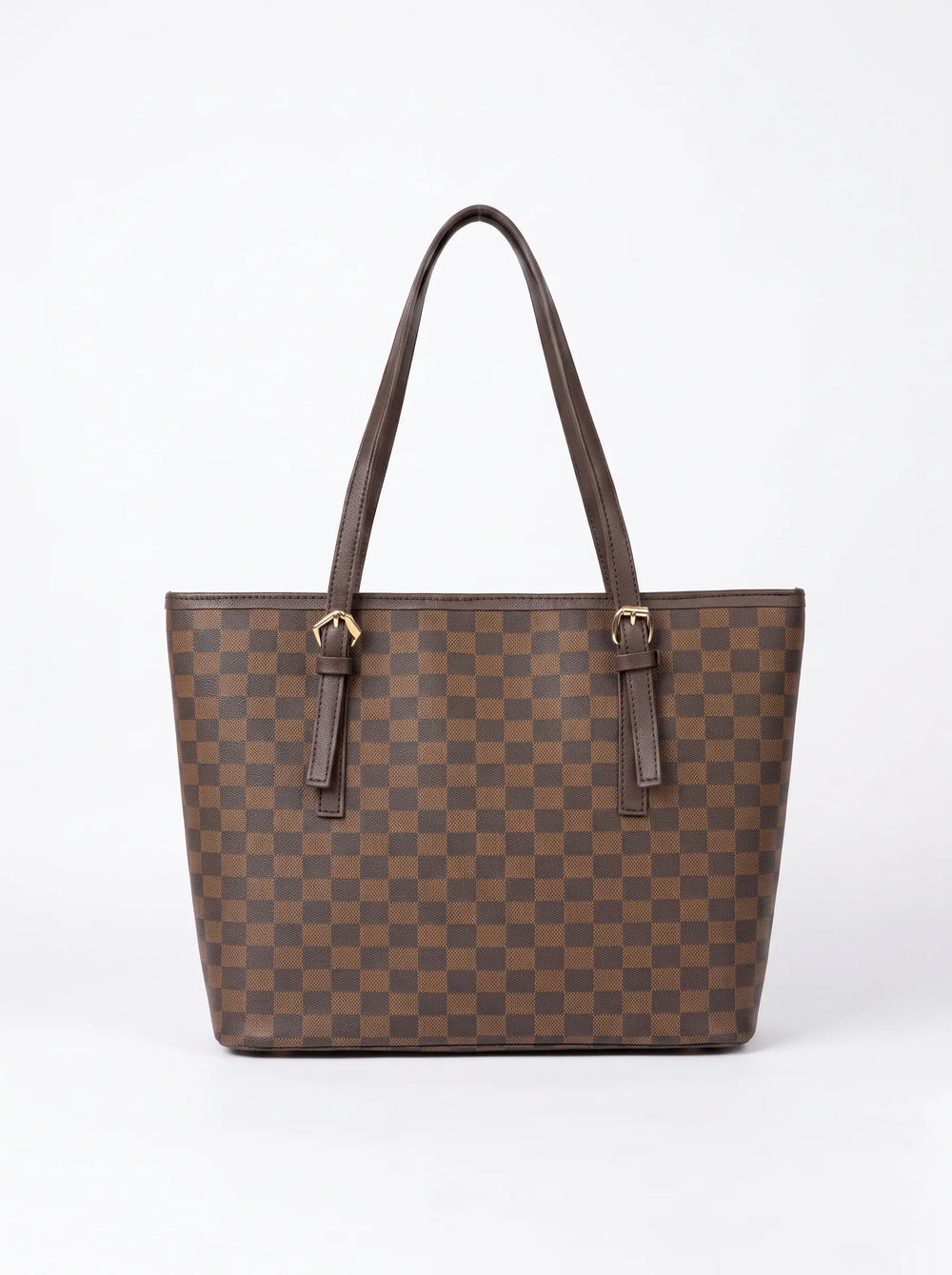 Brown checkerboard zipper tote bag for women with gold buckle handles structured laptop tote bag online Pakistan by WestStyle