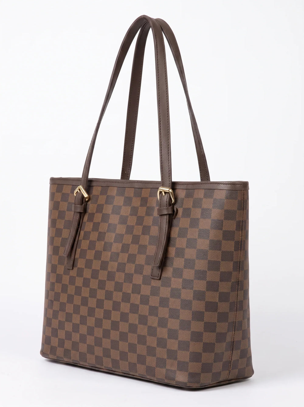 Dark brown checkerboard structured tote bag with tapered base and gold hardware women's tote bag Pakistan WestStyle