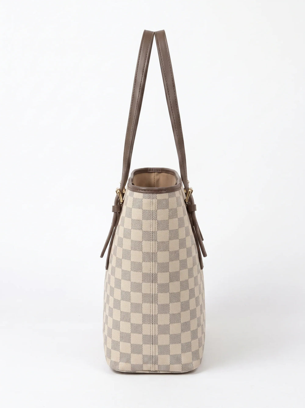 A faux leather handles with gold buckle hardware on WestStyle checkerboard tote bag Pakistan