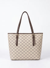 Large checkerboard tote bag for women with dark brown handles and gold buckle hardware structured tote bag online Pakistan by WestStyle
