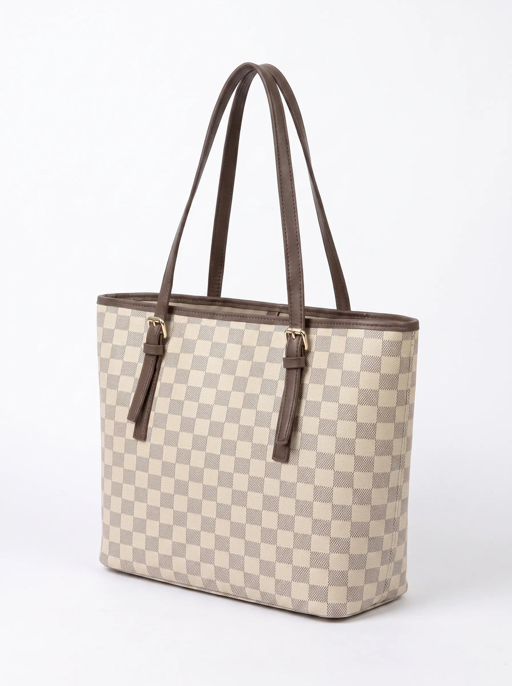 Cream and taupe checkerboard structured tote bag for university women large laptop tote bag Pakistan WestStyle