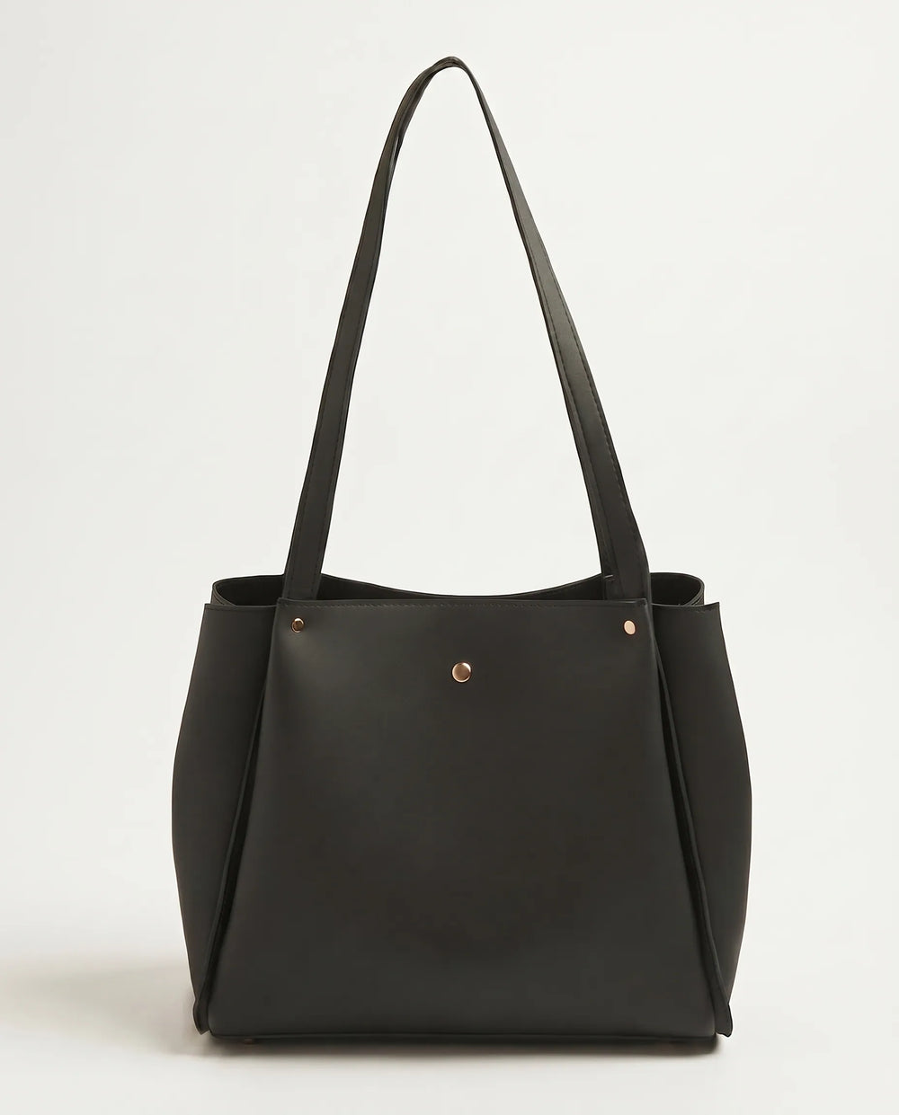 Large black smooth PU leather shoulder tote bag with gold rivet detail and long flat handles minimal black handbag online Pakistan by WestStyle