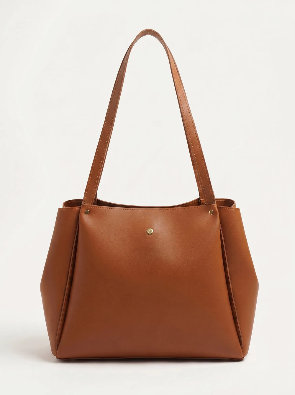 Large tan smooth PU leather shoulder tote bag with gold rivet detail and long flat handles minimal women's tote bag online Pakistan by WestStyle