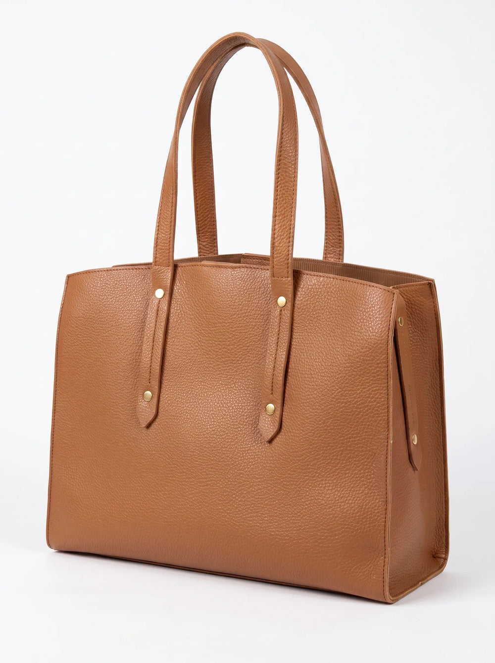 WestStyle Atlas Wave tan leather tote bag front view showing pebbled texture and all-gold hardware large university tote bag Pakistan