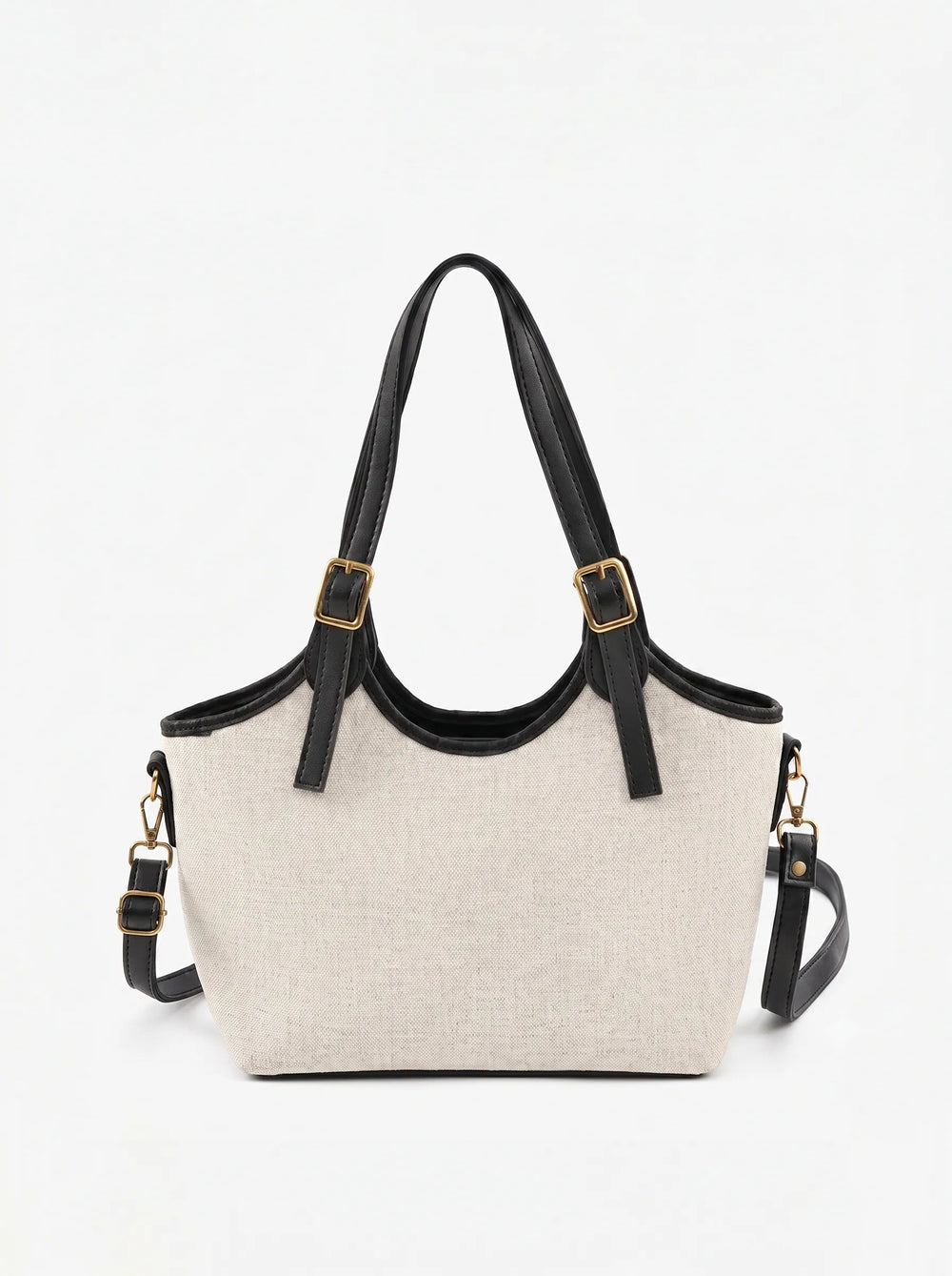 Beige canvas bucket tote bag with black leather trim, gold buckles and detachable long strap canvas bag for women online Pakistan by WestStyle