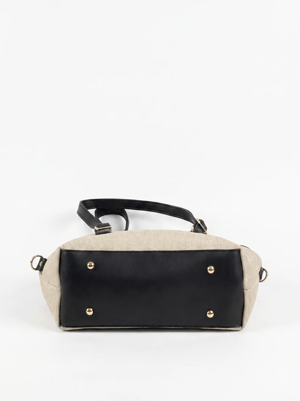 Gold buckle hardware and black faux leather handle detail on WestStyle beige canvas bucket tote bag women's handbag Pakistan