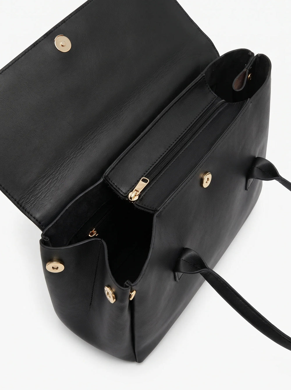Close-up of fold-over flap with magnetic closure on WestStyle Lonn black handbag branded handbag Pakistan