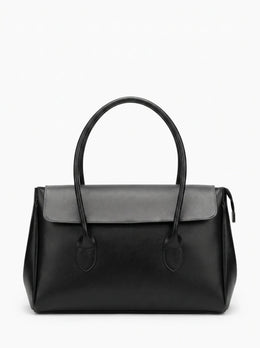 A black leather handbag with a structured rectangular shape, dual top handles, and a flap closure, shown against a plain white background.