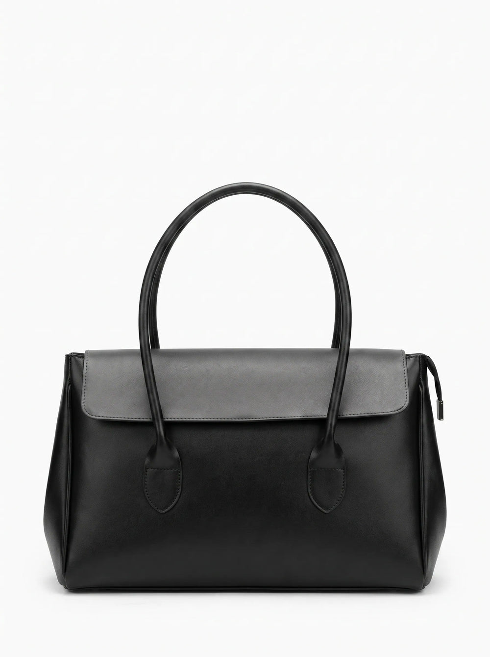 A black leather handbag with a structured rectangular shape, dual top handles, and a flap closure, shown against a plain white background.