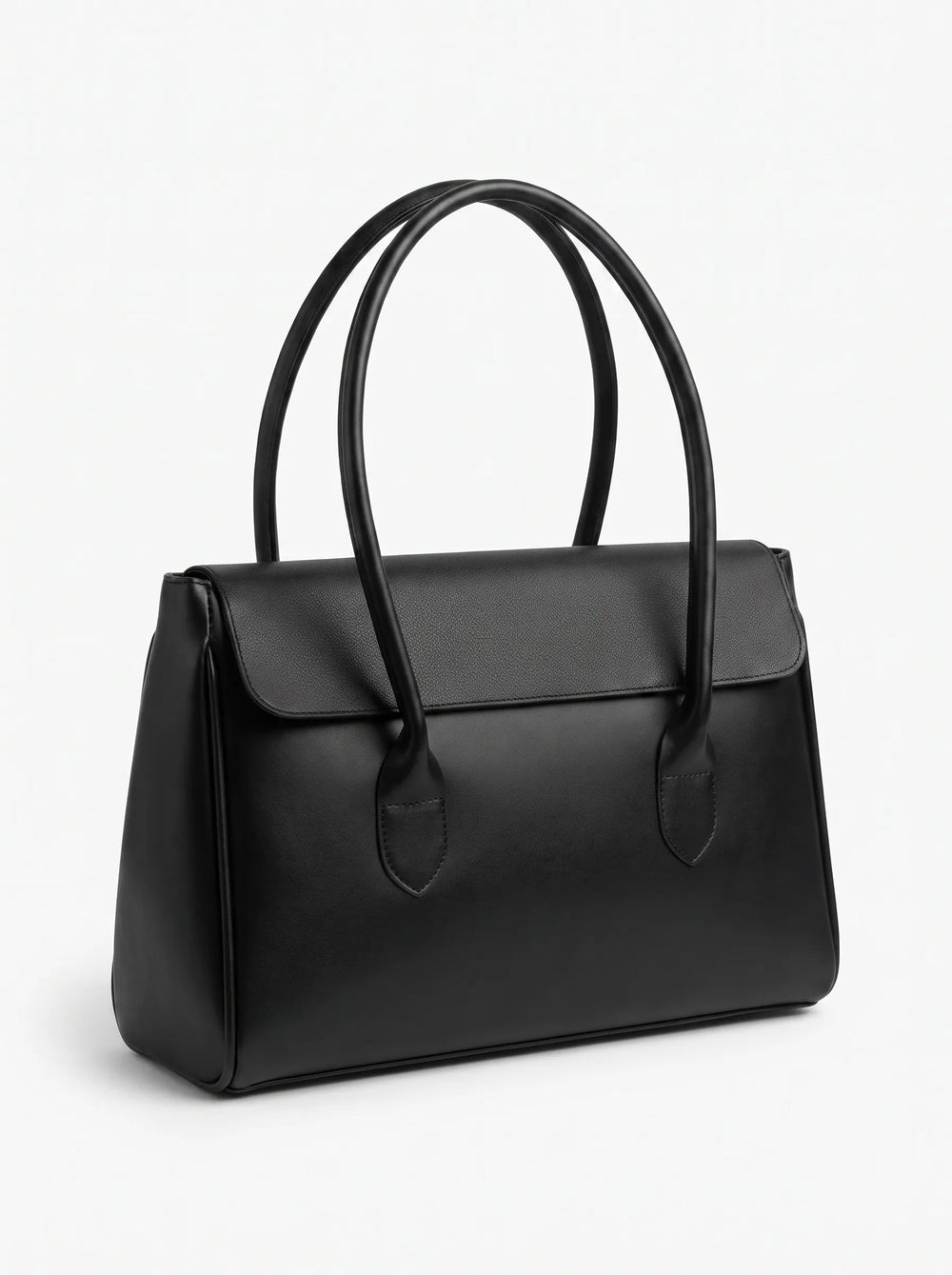 A black leather handbag with double top handles and a flap closure, photographed on a clean white background.