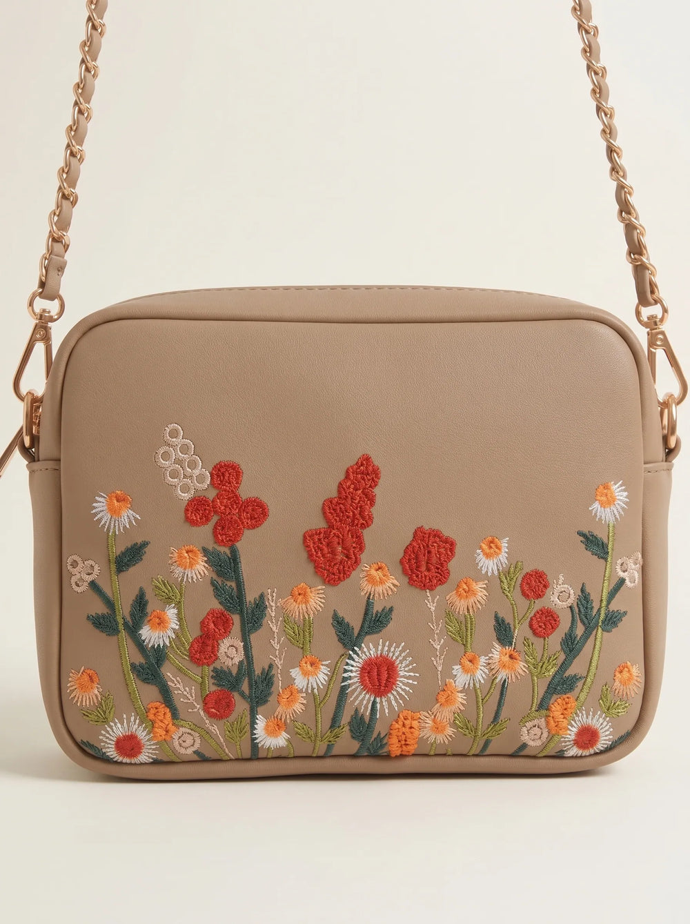 Close-up of multicolour wildflower embroidery on WestStyle Chic Crossbody taupe bag designer crossbody bag for women Pakistan