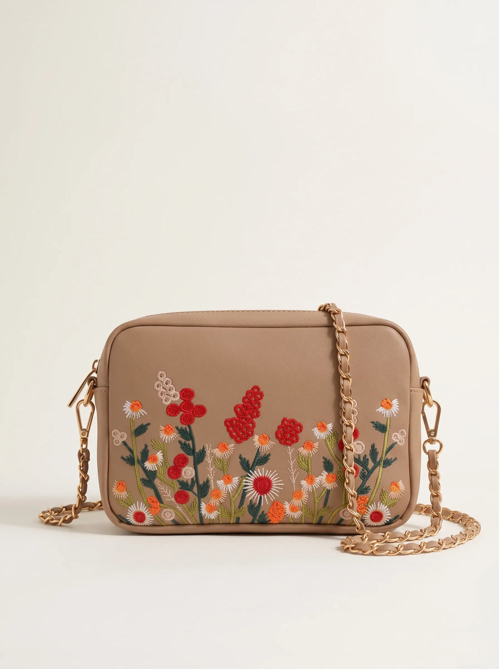 Chic floral embroidered crossbody bag in taupe with gold chain strap crossbody bag for women online Pakistan by WestStyle
