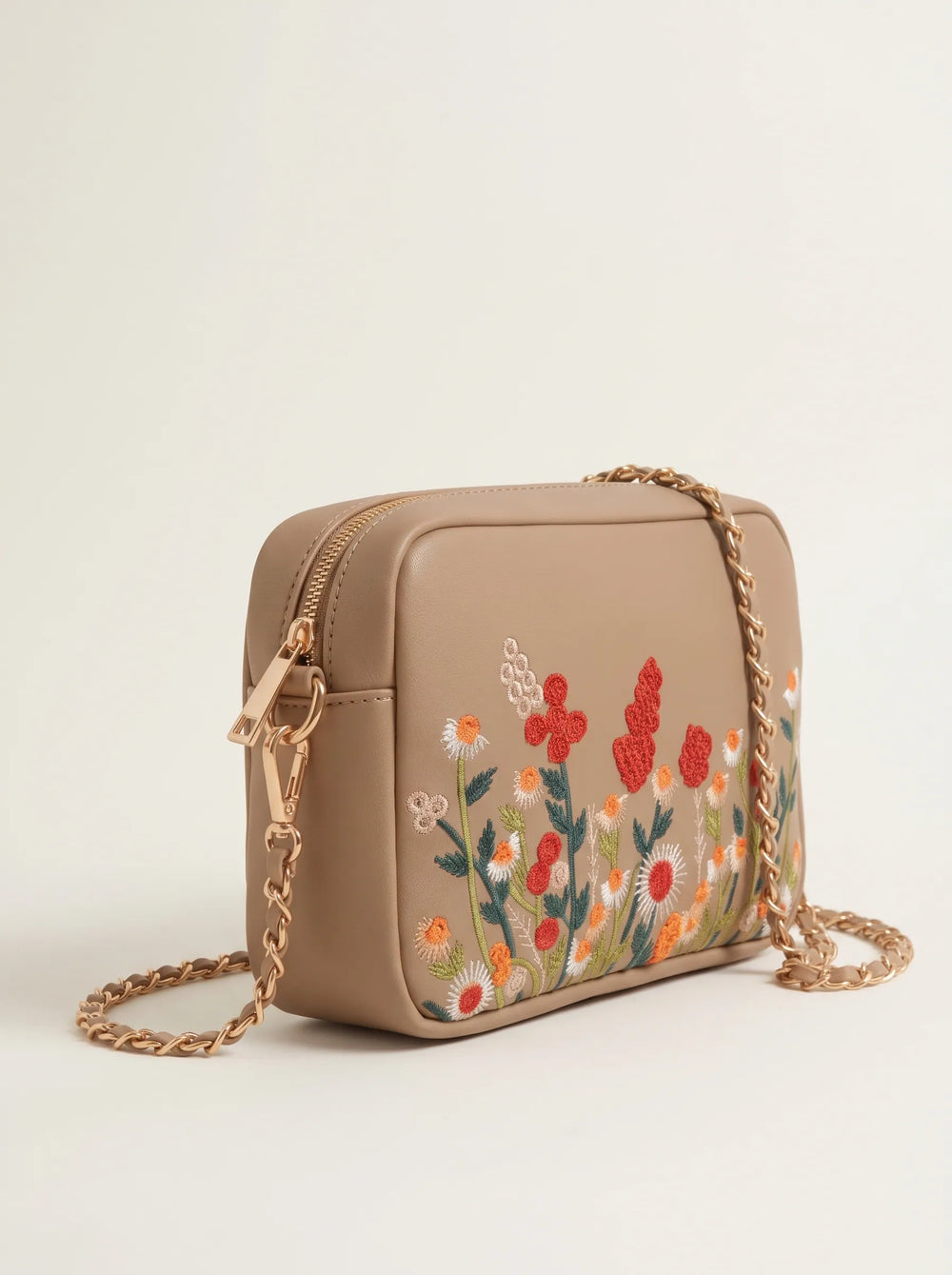 WestStyle Chic Crossbody bag taupe side view showing gold chain strap length and camera bag silhouette side bag for women Pakistan