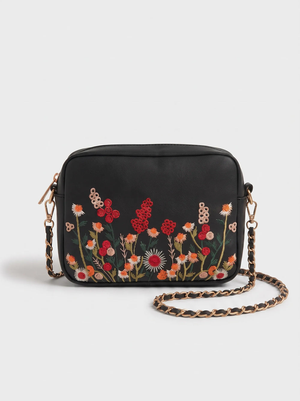 Chic black floral embroidered crossbody bag with rose-gold chain strap crossbody handbag for women online Pakistan by WestStyle