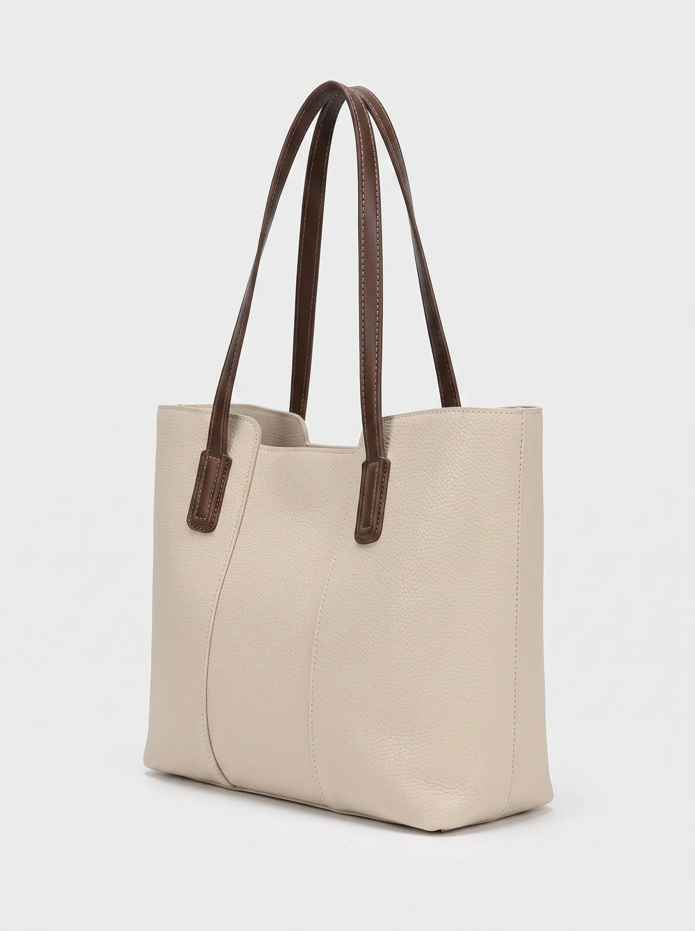 Cream grain PU leather tote bag with contrast dark brown handles and white stitching minimal tote bag for women online Pakistan by WestStyle