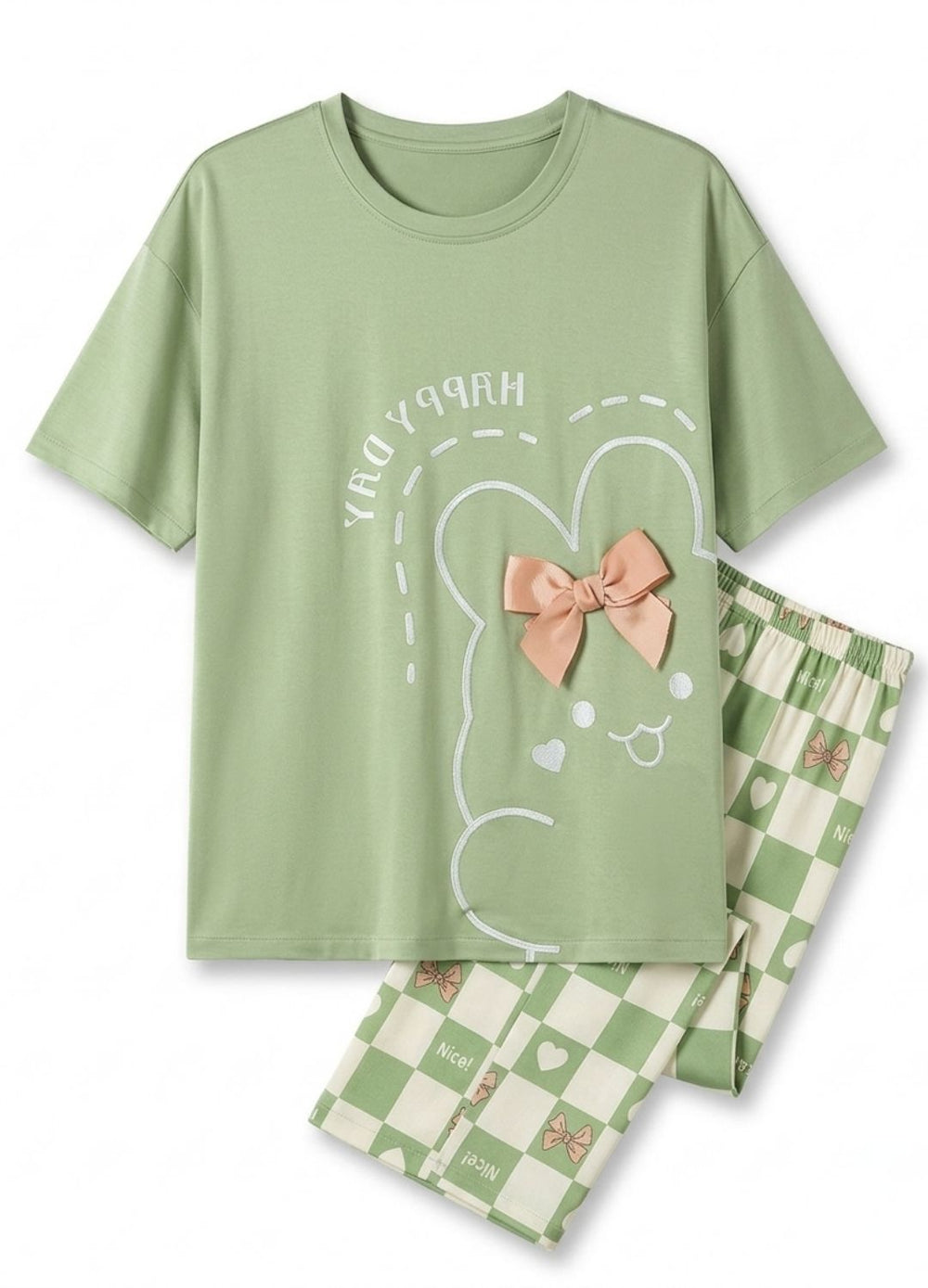 Green pajama set with cartoon design on a white background