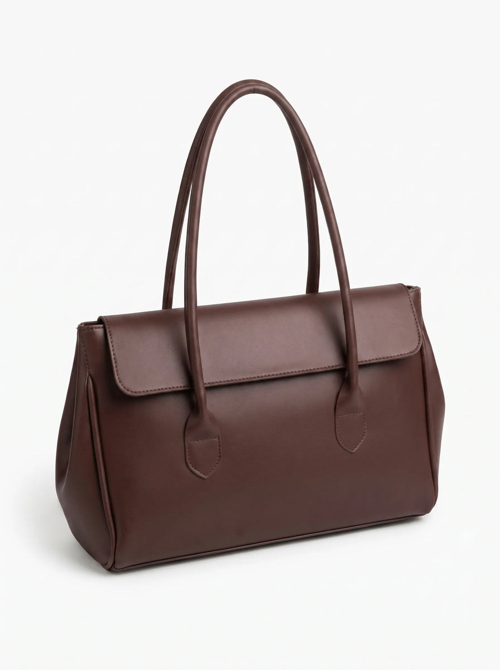 A dark brown leather handbag with dual top handles and a front flap, photographed on a clean white background.